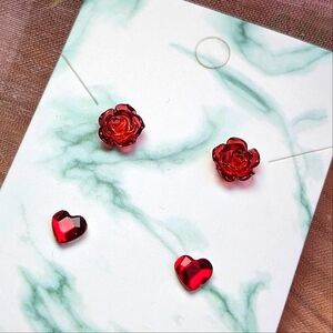 NEW ❤️ Rose + heart studs girl's earrings Valentine's gift red gem acrylic gift